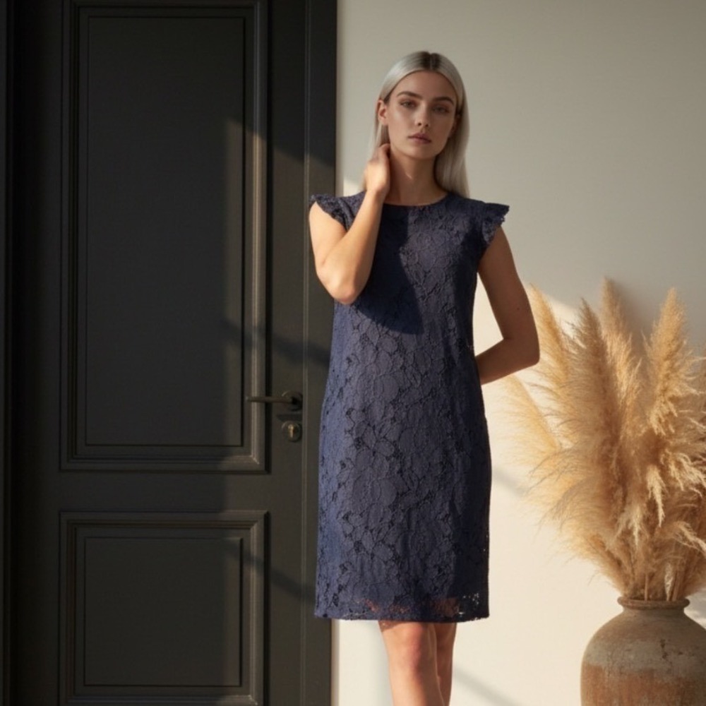 Monteau Los Angeles Navy Blue Lace Ruffle Sleeve Shift Dress Womens Medium